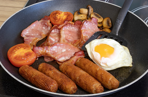 English fried breakfast in a frying pan