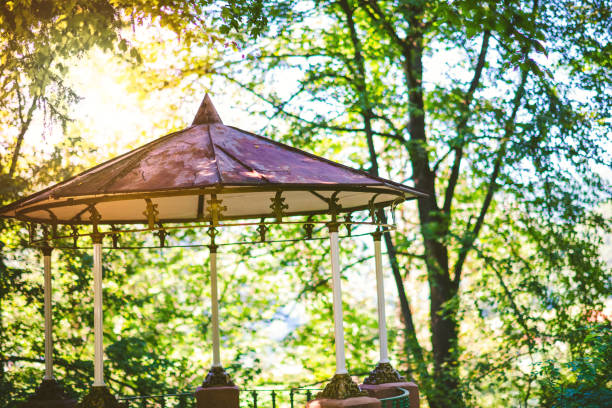 Montreal, Canada - July 29, 2016: People dancing under gazebo in Montreal's Petite Italie (Little Italy) on a Summer evening. The gazebo is surrounded by maple trees.