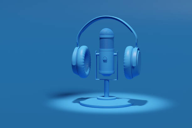 Condenser microphone, headphones isolated on a blue background. Podcast concept. 3d illustration.