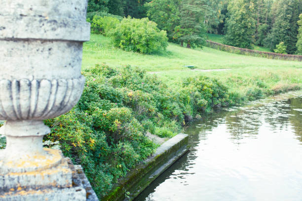 old antique vase outside in green park, landscape view closeup