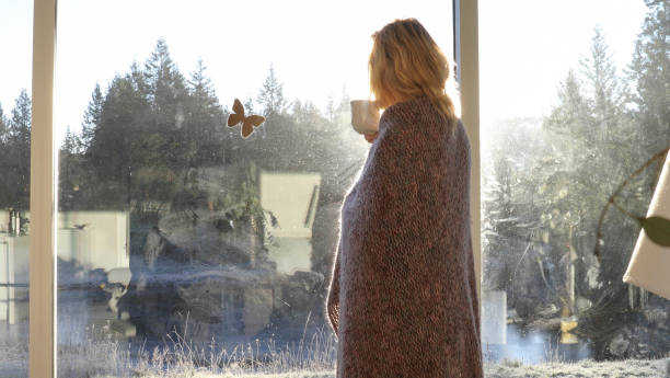 istock Woman wrapped in blanket stands in window at dawn 1299462576