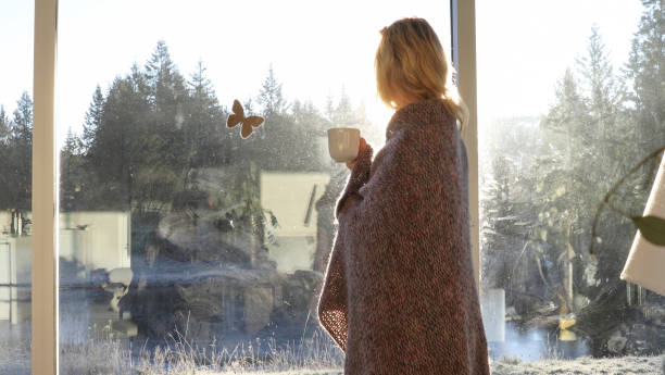 istock Woman wrapped in blanket stands in window at dawn 1299462598