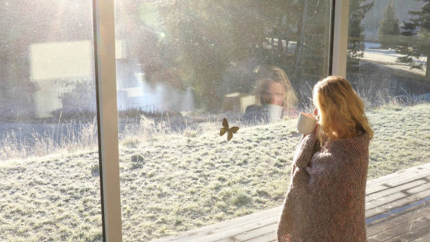 istock Woman wrapped in blanket stands in window at dawn 1299462622
