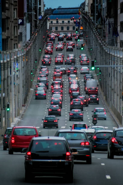 Traffic jam on Rue de la Loi, Brussels, Belgium. stock photo