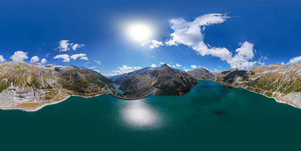 Equirectangular aerial panorama of Kolnbrein Dam in Carinthia, Austria.