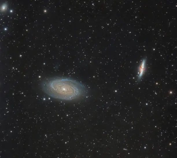 Those two galaxies are located in the constellation of Ursa Major, at the distance of 11.8 million light years away from earth.

EXIF:
Imaging telescopes or lenses: SkyWatcher ED80 Pro
Imaging cameras: QHYCCD QHY9C 
Mounts: Skywatcher HEQ5 Pro Synscan
Guiding telescopes or lenses: Orion 50mm guidescope/finderscope
Guiding cameras: QHYCCD QHY5 Mono 
Focal reducers: Skywatcher .85x Focal Reducer & Corrector
Frames: 11x1200"
Location: Petrova gora (Croatia)