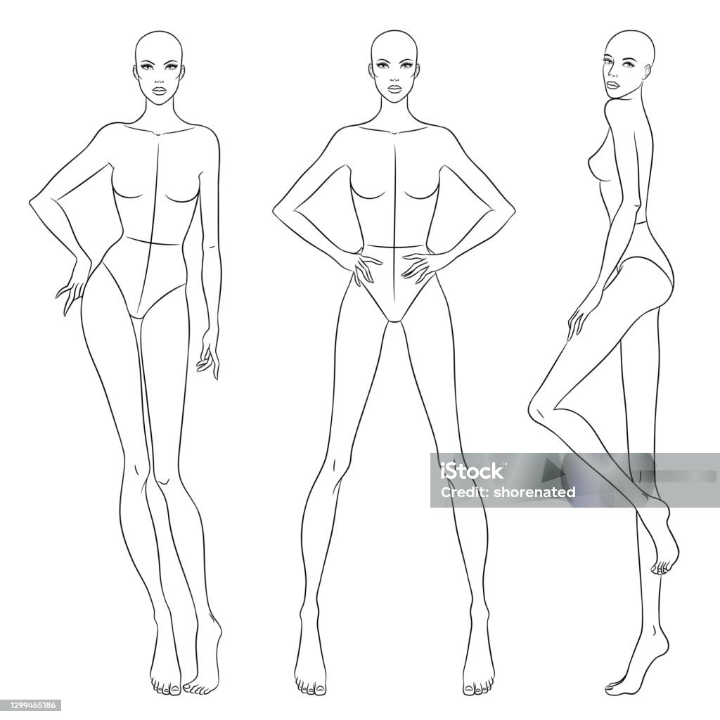 Beautiful slim woman in different poses, vector illustration. Nine head fashion figure template. Female body, front, side and back views. Fashion stock vector