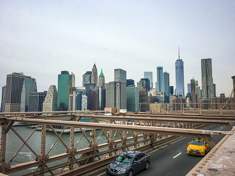 New York, USA - 03 27 2018: New York City Brooklyn Bridge traffic.