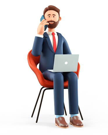 3D illustration of happy man with laptop talking on the smartphone and sitting in a chair. Cartoon smiling bearded businessman on the phone call, working in office, isolated on white background.