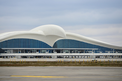 Ashgabat, Turkmenistan: Ashgabat International Airport, Oghuz Khan Airport - main terminal designed in the form of a soaring falcon, land side facade, hub for Turkmenistan Airlines - Bagtyyarlyk district - Asgabat halkara howa menzili.