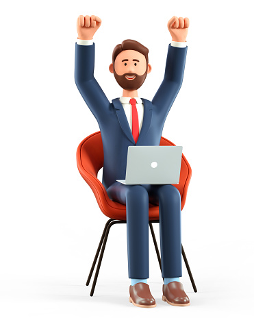 3D illustration of happy bearded man with laptop sitting in a chair and throwing his hands up in the air. Cartoon joyful businessman celebrating success, working in office, isolated on white.