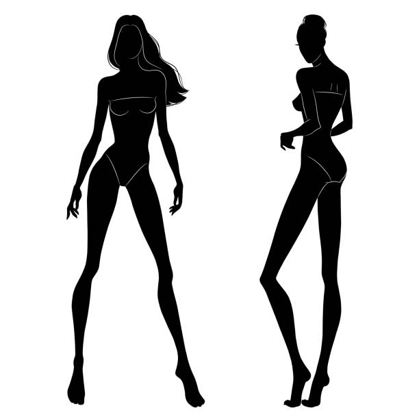 черные силуэты моделей, идущих по подиуму. красивые стройные женщины изолированы на белом фоне, векторная иллюстрация. - side view walking swimwear fashion model stock illustrations