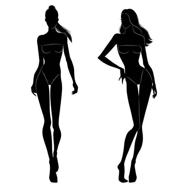 черные силуэты моделей, идущих по подиуму. красивые стройные женщины изолированы на белом фоне, векторная иллюстрация. - side view walking swimwear fashion model stock illustrations