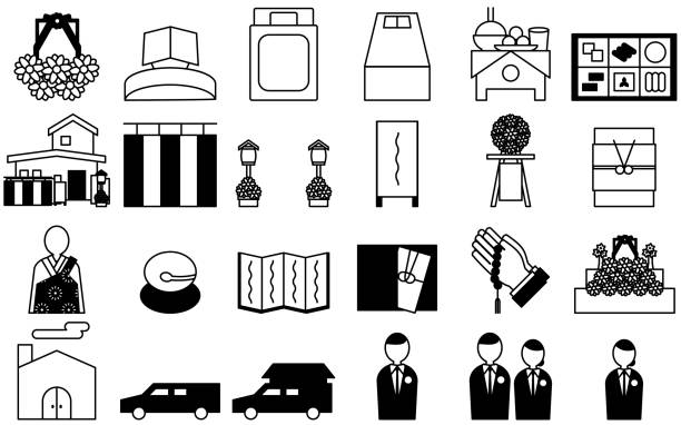 Buddhist funeral icon set, 24 Buddhist funeral icon set, 24 coffin crematorium stock illustrations