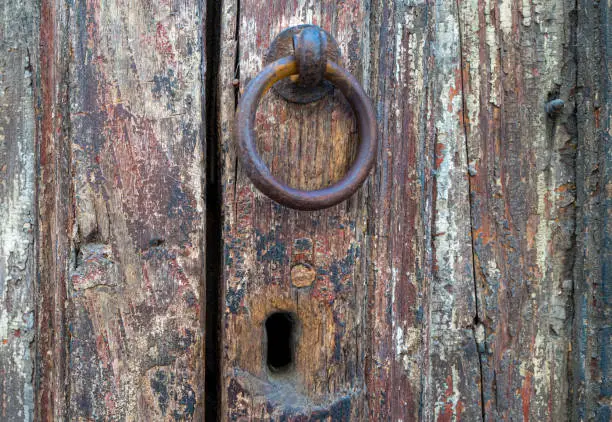 close up of Old wood door and key hole background