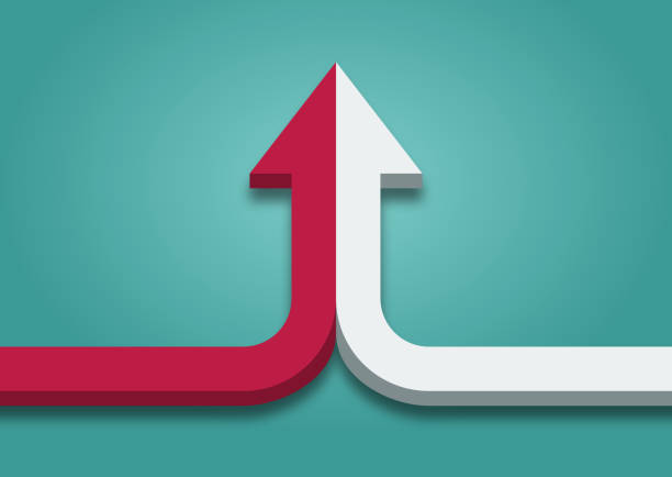 Bent arrow of two red and white ones merging on turquoise blue background. Bent arrow of two red and white ones merging on turquoise blue background. Partnership, merger, alliance and joining concept merger stock pictures, royalty-free photos & images
