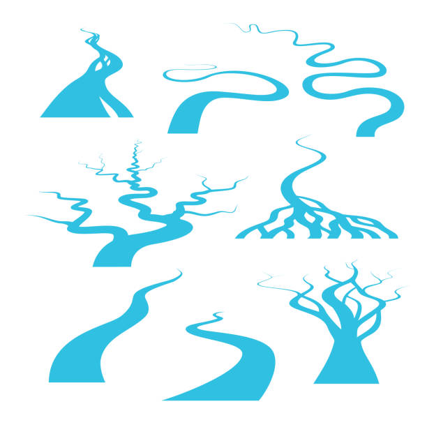 meandrous koryta rzeki w perspektywie - potok stock illustrations