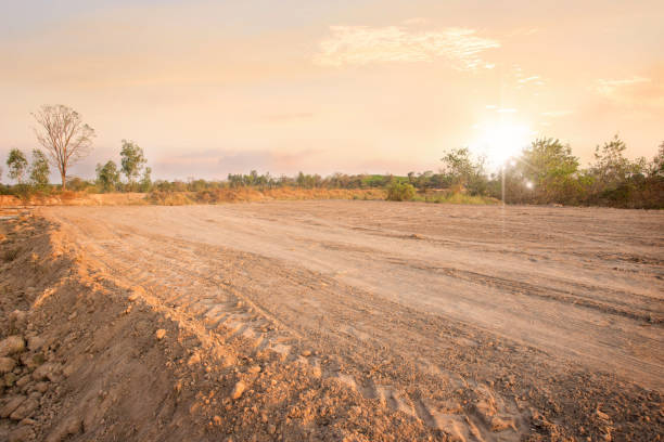 istock Empty dry cracked swamp reclamation soil, land plot for housing construction project with car tire print in rural area and beautiful sun set with fresh air Land for sales landscape concept 1299474180