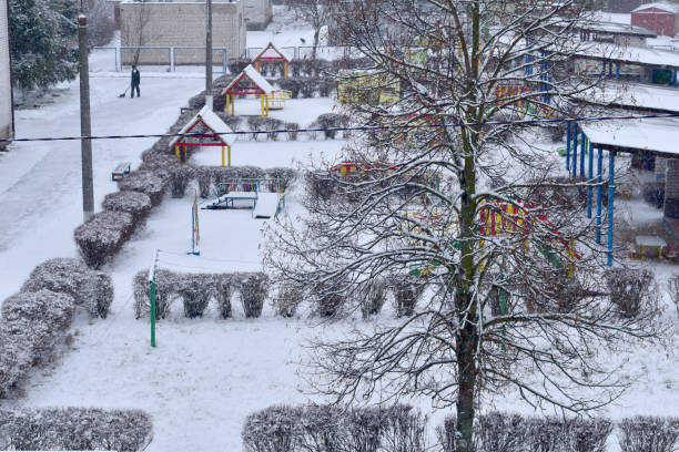 istock The territory of the kindergarten is covered with snow. 1299474937