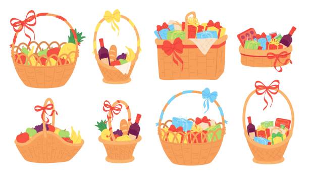 ilustrações, clipart, desenhos animados e ícones de cesta de presentes. cestas de vime com caixas de presente para o natal, comida, frutas, chocolate e garrafa de videira. cesto plano com conjunto vetorial de fita de arco - basket apple wicker fruit