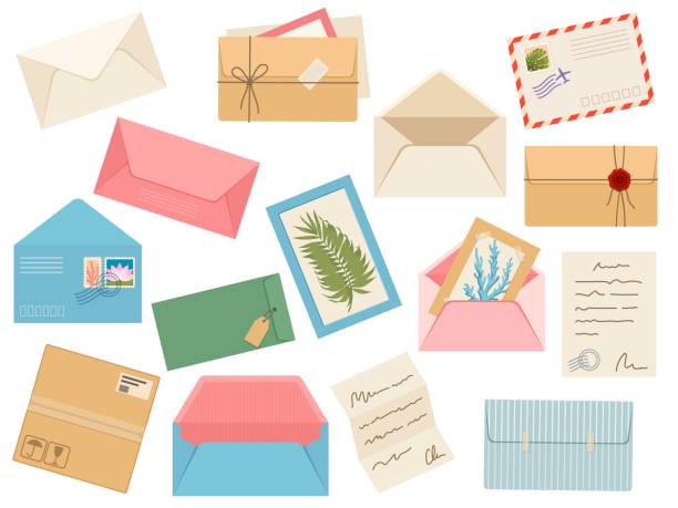 ilustrações de stock, clip art, desenhos animados e ícones de letters, cards and envelopes. postcard, paper mail with postmark, wax sealing and postage stamp, note and open handmade envelope, vector set - envelope invitation greeting card blank