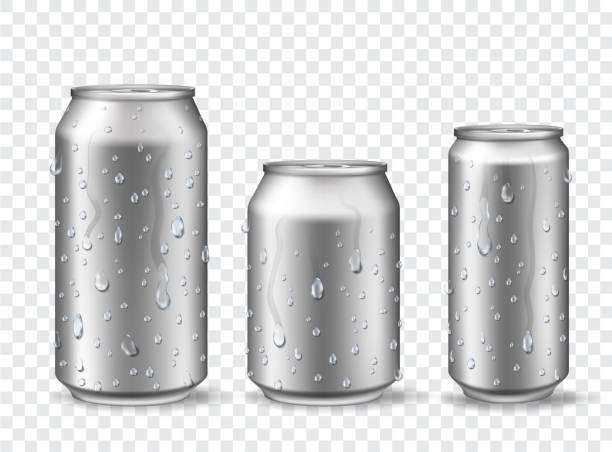 Cans with condensation. Cold aluminum beer, energy drink or lemonade can mockups with water drops. 3d realistic metal soda cans vector set Cans with condensation. Cold aluminum beer, energy drink or lemonade can mockups with water drops. 3d realistic metal soda cans vector set. Illustration surface metallic alcohol banks wet bottle stock illustrations