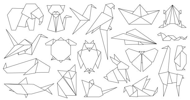 illustrations, cliparts, dessins animés et icônes de origami animaux de ligne. logo graphique géométrique en papier et oiseau d’icône, renard, grue, souris, requin et éléphant. ensemble abstrait de vecteur animal de contour - pliage