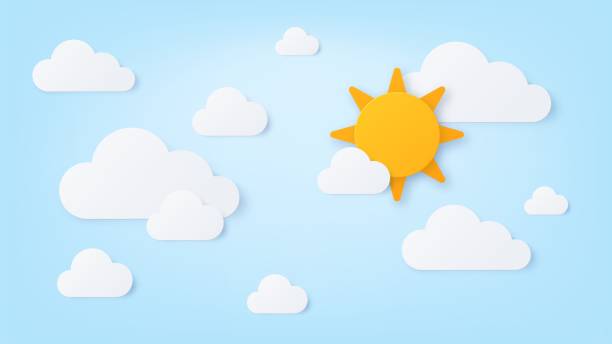 紙の太陽と雲。夏晴れ、白い雲と青空。紙のカットスタイルで自然の曇りシーン。良い天気の壁紙ベクターアート - paper craft点のイラスト素材／クリップアート素材／マンガ素材／アイコン素材