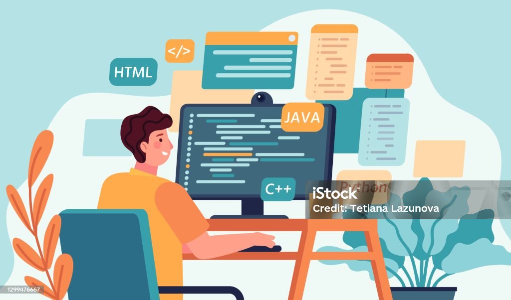 Programmer Working Program Or Web Developer Coding On Computer Screen ...
