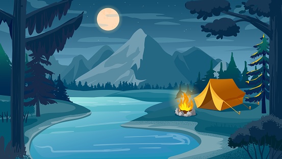 Mountain night camping. Cartoon forest landscape with lake, tent and campfire, sky with moon. Hiking adventure, nature tourism vector scene. Night camping, moon and fire near tent in dusk illustration