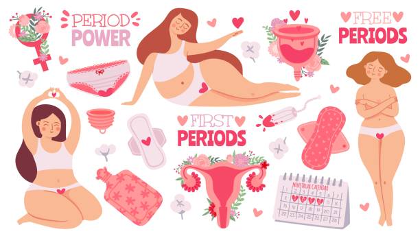 weibliche menstruation. frauen mit perioden- und hygieneprodukt tampon, sanitärpolster und menstruationsbecher. cartoon gebärmutter mit blumen, vektor-set - menstruation stock-grafiken, -clipart, -cartoons und -symbole