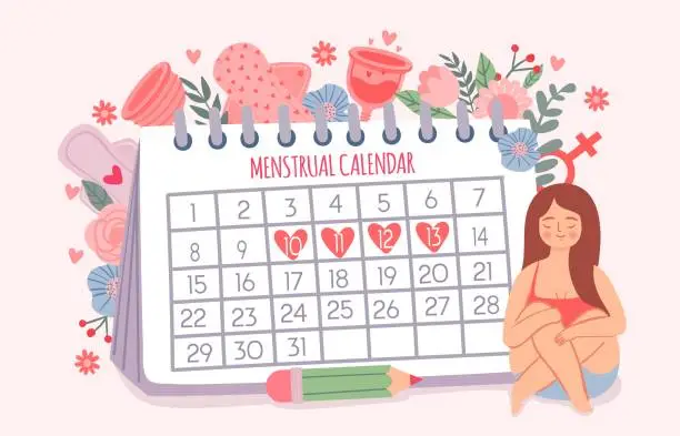 Vector illustration of Woman and period calendar. Female check dates of menstruation cycle. Calendar schedule for critical days and hygiene products vector concept