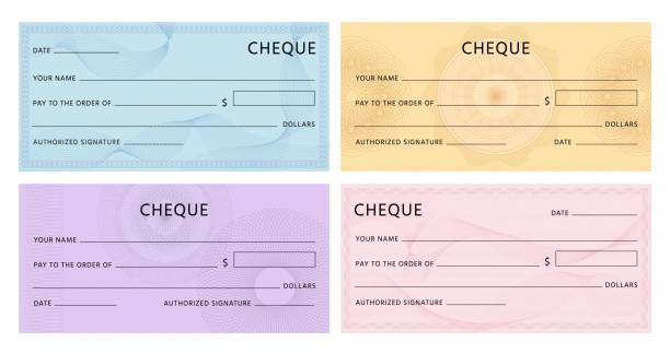 Cheque with guilloche. Bank chequebook template. Blank mockup for banknote voucher with spirograph watermark and abstract pattern vector set Cheque with guilloche. Bank chequebook template. Blank mockup for banknote voucher with spirograph watermark and abstract pattern vector set. Illustration cheque banknote with spirograph banking borders stock illustrations