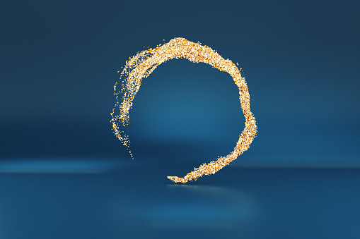 Gold abstract particle objects on blue background, CGI.