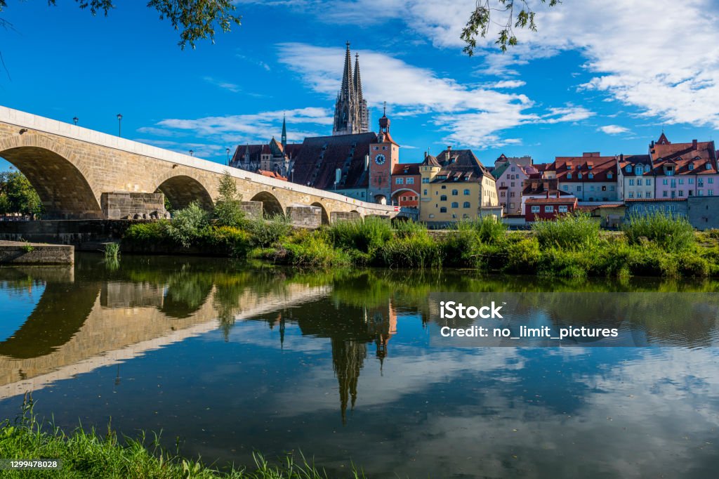 view to old stone bridge and old town from Regensburg Regensburg old town Regensburg Stock Photo