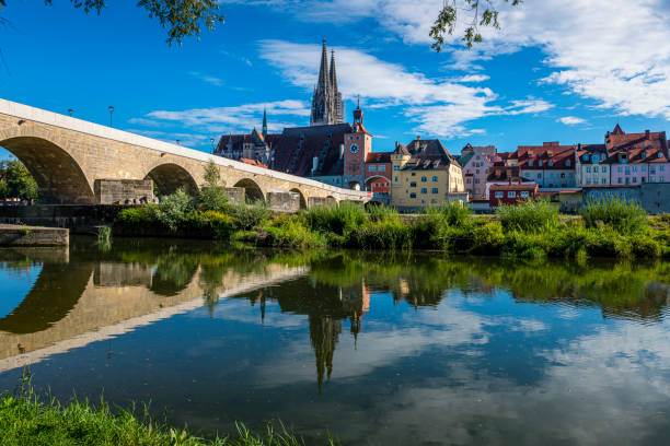 view to old stone bridge and old town from Regensburg stock photo