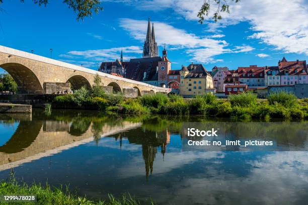View To Old Stone Bridge And Old Town From Regensburg Stock Photo - Download Image Now