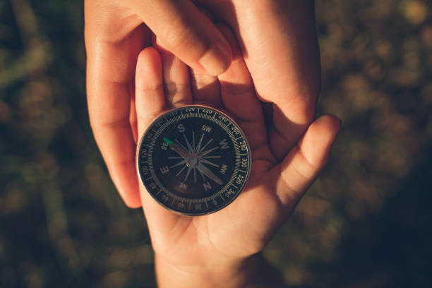 istock Black compass in the hands of two childs at sunset 1299480241