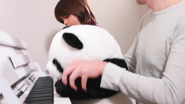 The toy panda plays the piano. Motivation of the child to learn music.