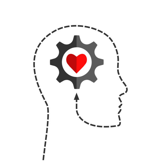 menschliche kopfsilhouette aus gepunkteter linie mit ausrüstung und herzform - heart shape behavior human head hope stock-grafiken, -clipart, -cartoons und -symbole