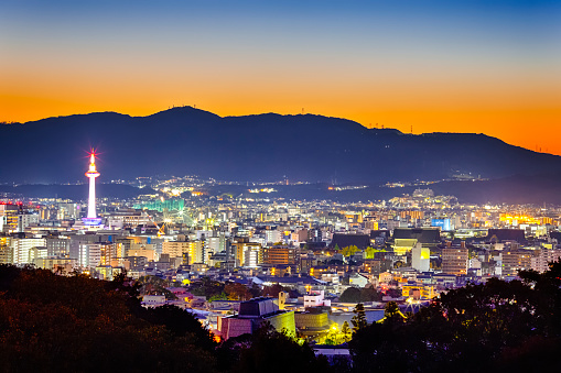 Travel Ideas. Astonishing Sunset Over Religious Kyoto City in Japan. Horizontal Image Composition