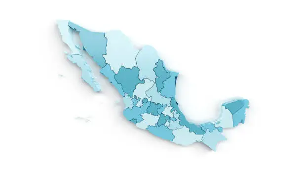 Photo of Detailed map of regions of Mexico in turquoise color on white.
