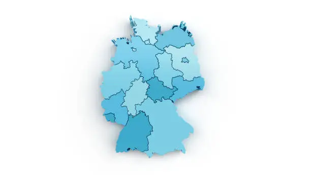 Detailed map of regions of Germany in turquoise color on white. 3D rendering
