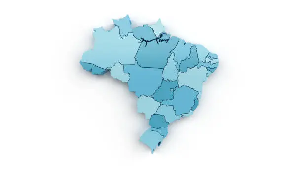 Detailed map of regions of Brazil in turquoise color on white. 3D rendering