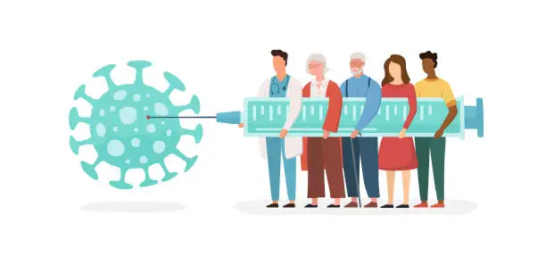 Vector illustration of People Vaccination - Abstract Concept. Group of People Holding Syringe and Virus. Vector Stock Illustration