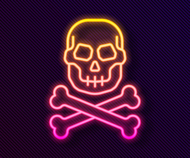 istock Glowing neon line Skull on crossbones icon isolated on black background. Happy Halloween party. Vector 1299484441