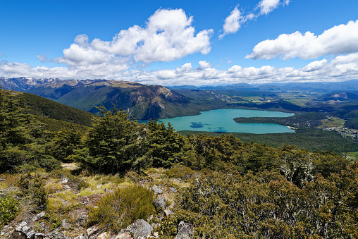 Aerial view of Lake Rotoiti, an alpine lake in Nelson Lakes National Park, New Zealand