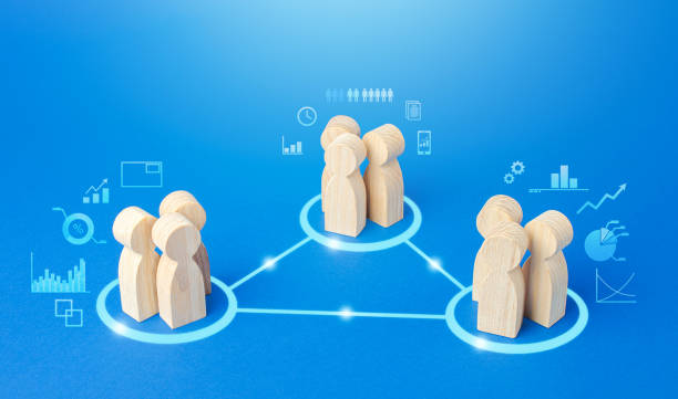 istock Three groups of people are connected by lines. Coordination and knowledge sharing. Outsourcing. Business model of autonomous groups. Self-organization structure innovation. High company team autonomy 1299489269