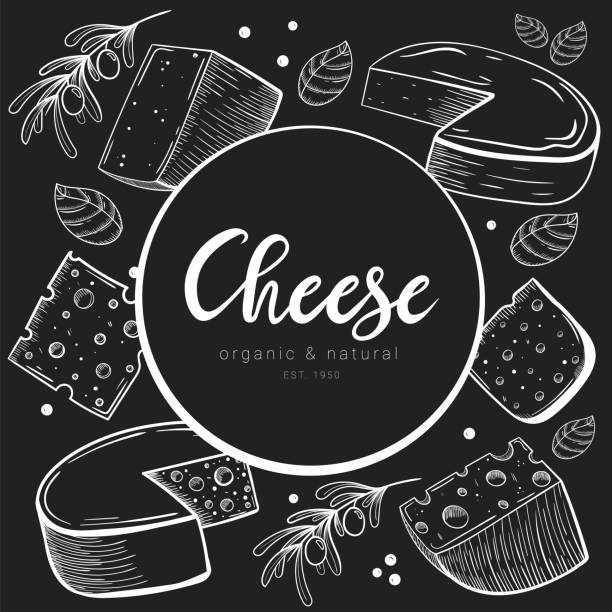 ilustrações de stock, clip art, desenhos animados e ícones de hand drawn cheese set circle frame with lettering on chalkboard. - parmesan cheese