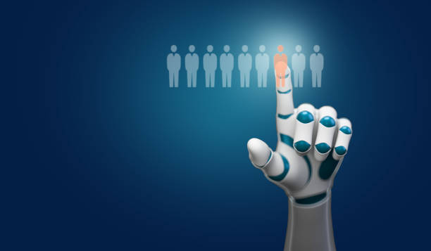 robot hand selecting a person symbol out of many - 3d illustration stock photo